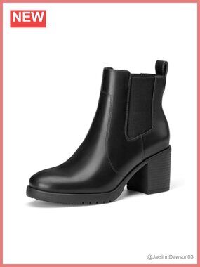Faux Leather Slip On Chelsea Ankle Boots Chunky Block Heel Round Toe